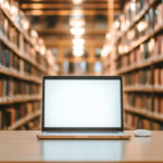 図書館を背景にノートパソコン