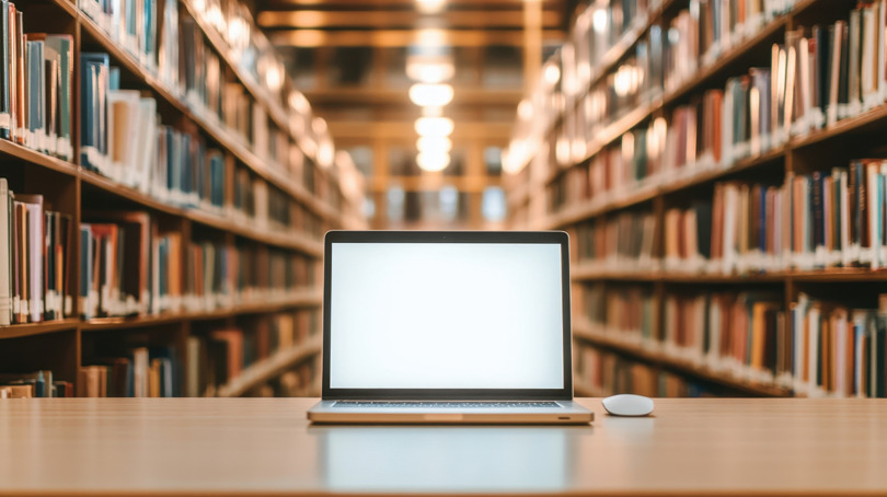 図書館を背景にノートパソコン