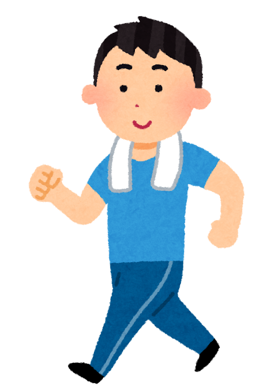 いらすとやの画像。 首にタオルをかけた男性が、腕を振ってウォーキングしているイラスト。