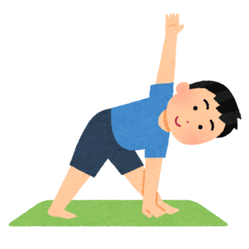 いらすとやの画像 男性がヨガの三角のポーズ(立ったまま足を開き、片手を床につけ、もう片方の手を天井に挙げている)をしているイラスト