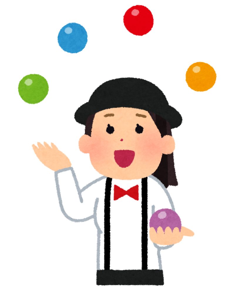 いらすとやの画像 笑顔の女性が5個のボールでジャグリングを行っているイラスト