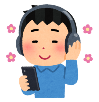 いらすとやの画像 ヘッドホンを着けた男性が片手にスマホを持ち、リラックスした様子で音楽を聴いているイラスト。
